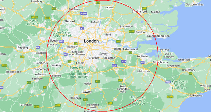 a map showing a 30-mile radius around Bromley for Ari Plumbing's range of service