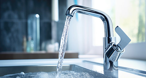 a water tap filling a kitchen sink with water